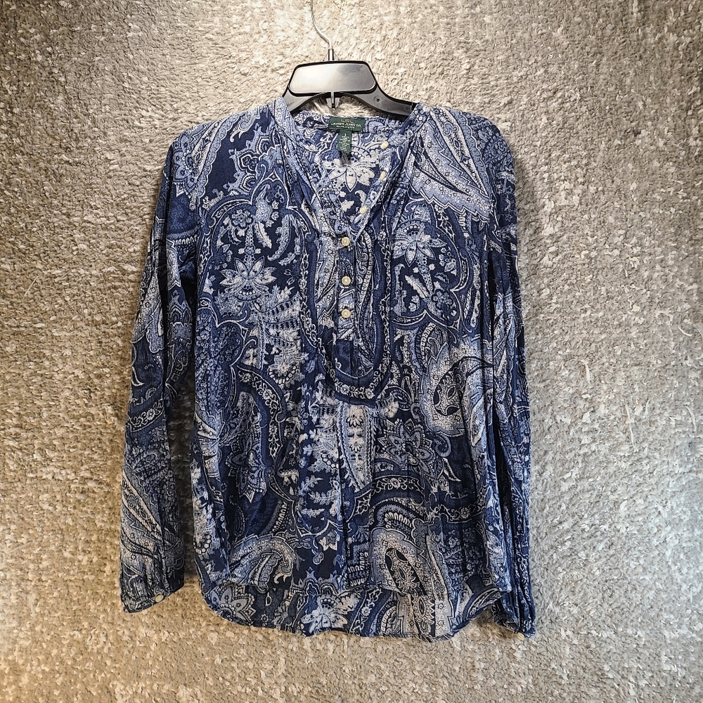 LRL Ralph Lauren Jeans Co Blouse Women Small Paisley Floral Boho Shirt
